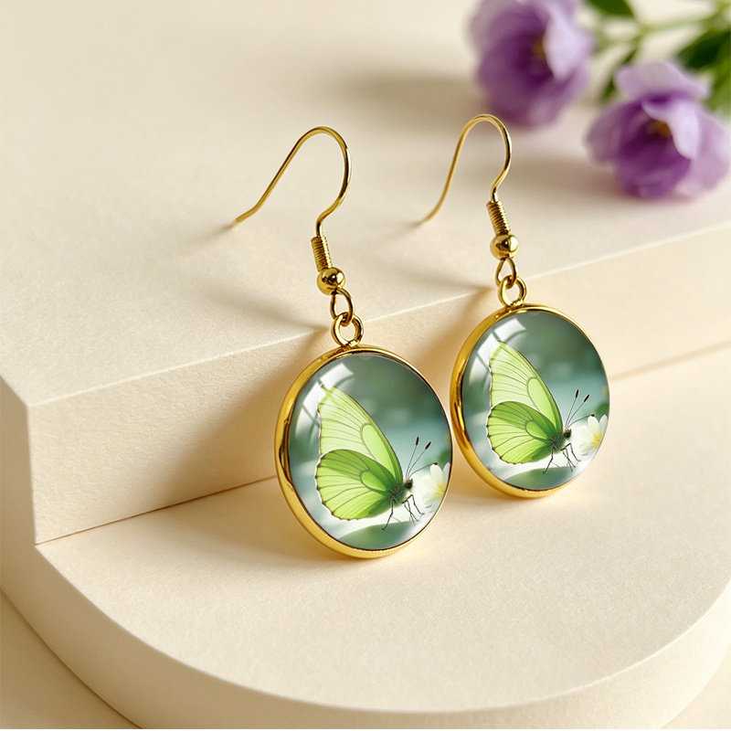 Green Butterfly and Flowers Round Earrings